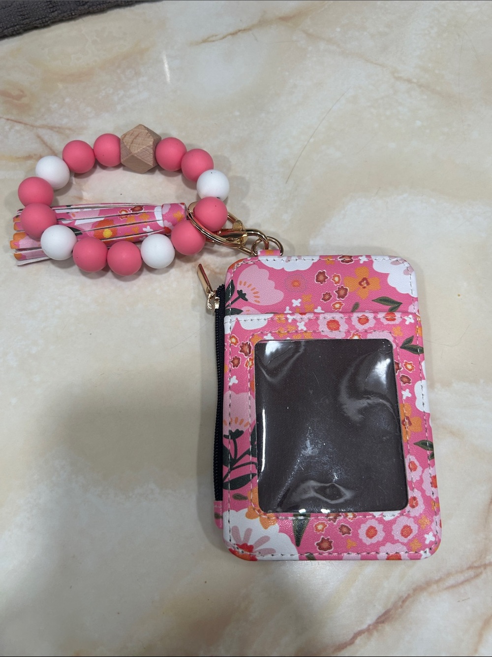 Pink Floral Wristlet ID Card Holder with Beaded Keychain